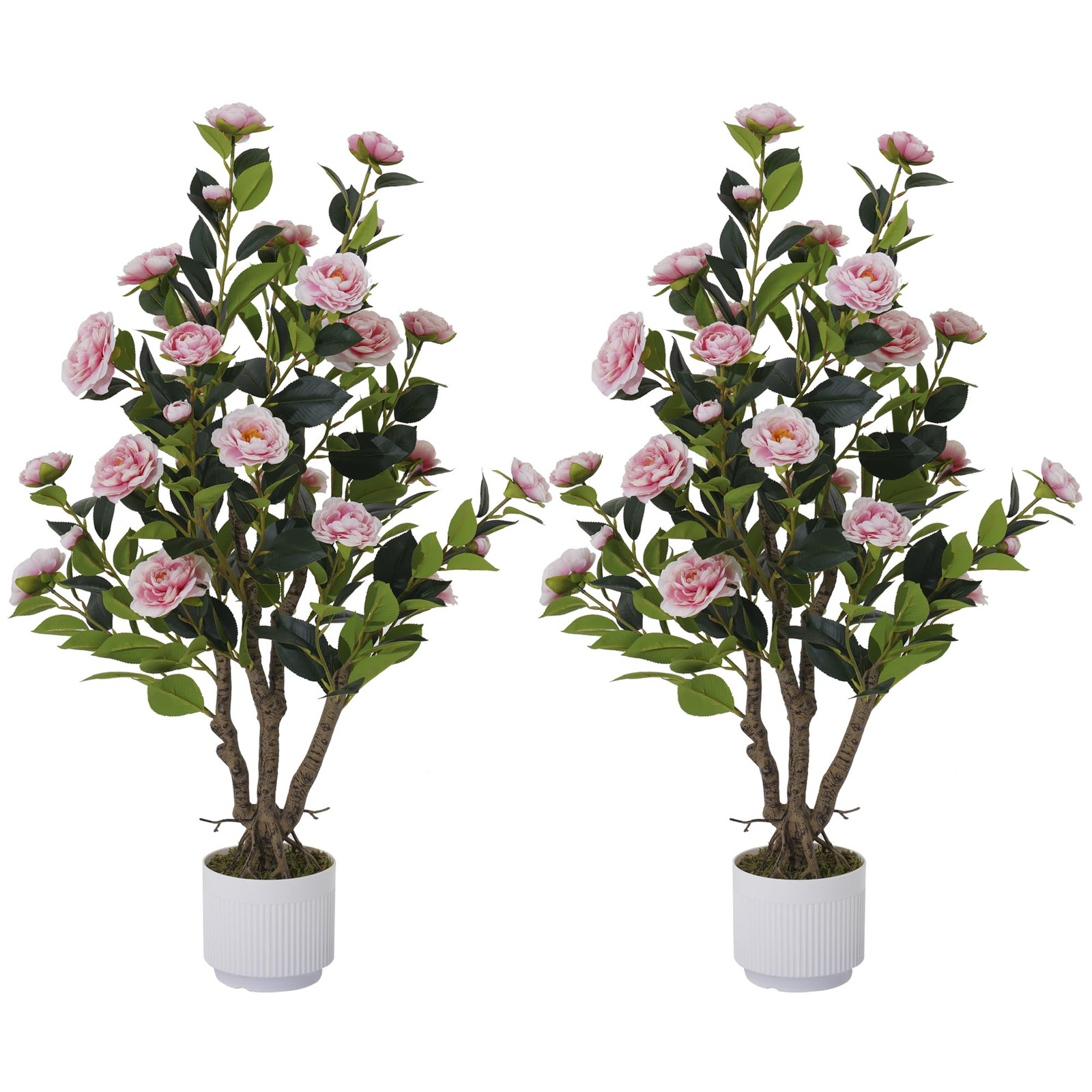 2 Pack Artificial Camellia Tree with White Pot, 38″ Faux Potted Plants for In…