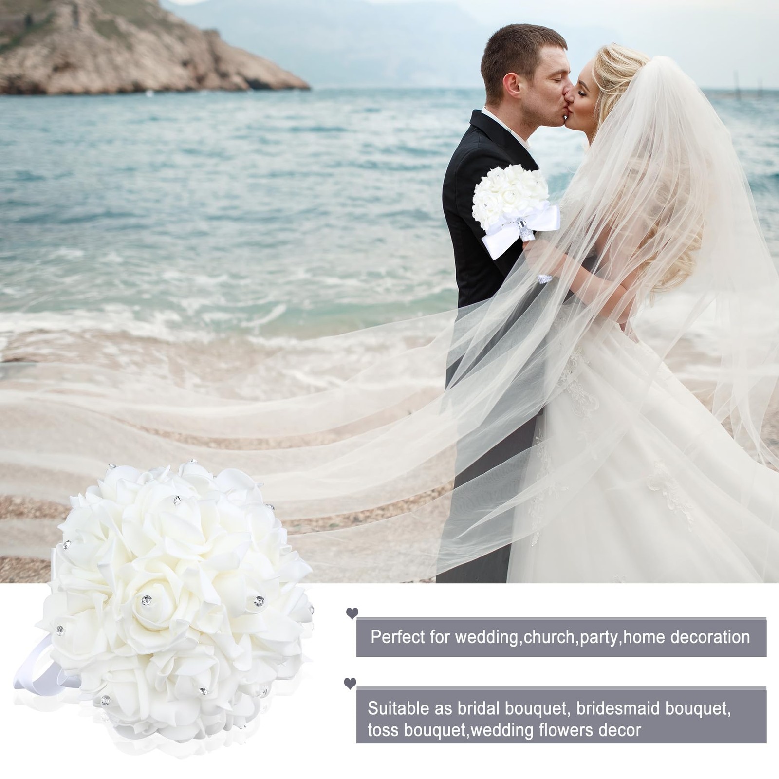 White Wedding Bouquet Crystal Roses Artificial Bridal Flowers Party Church