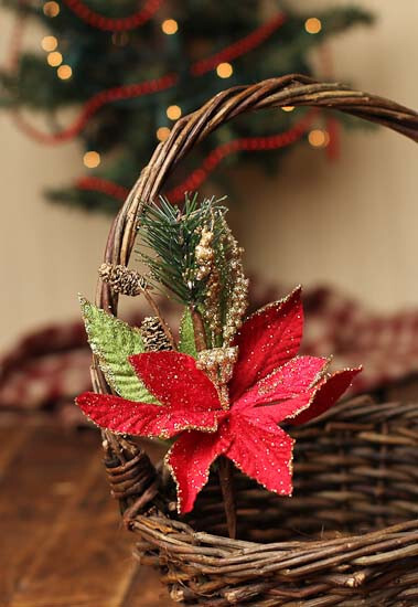Set of 12 Red Poinsettia & Gold Glitter 9-1/2″ Floral Picks with Small Pinecone