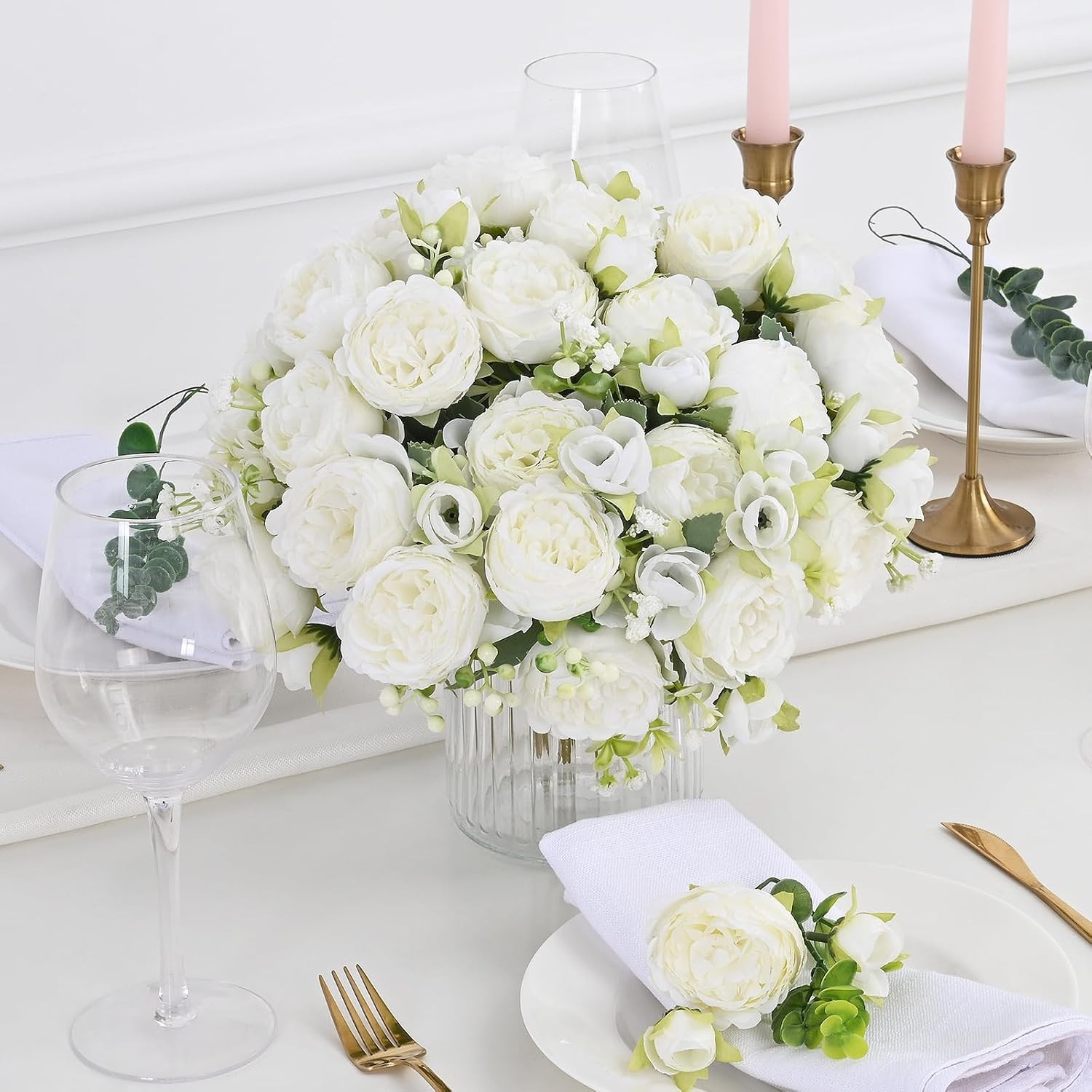 4 Packs White Peonies Silk Bouquet, Artificial Centerpiece Wedding Decor