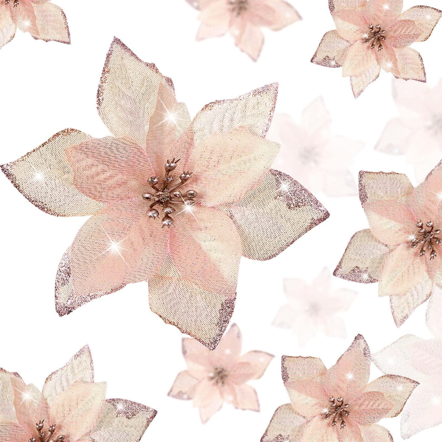 36 Pcs 3 Size Christmas Poinsettia Christmas Tree Flowers Glitter Faux Flower…