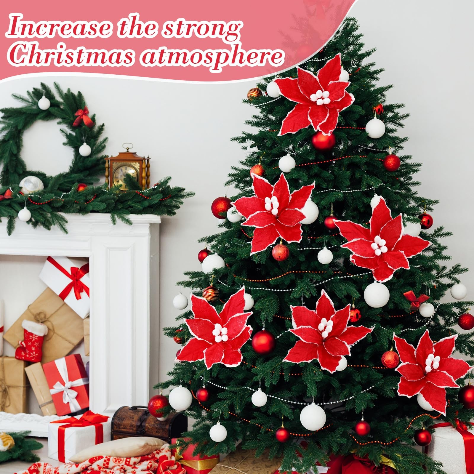6 PCS Christmas Poinsettia Flowers Artificial 12 Inch Large Frost Edged Red
