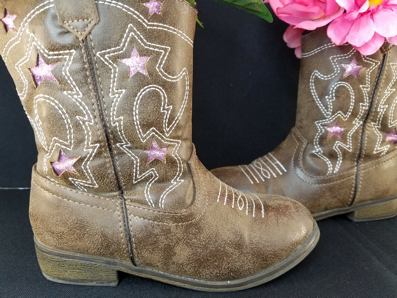 Pink Flowers In Cowboy Boots Handmade Original By Andrea Floral Décor B16-370