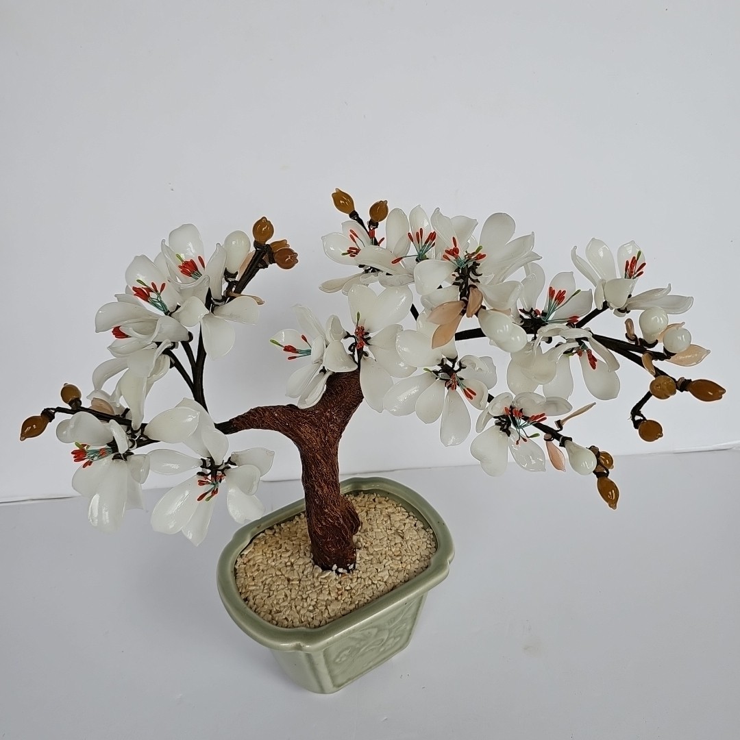 14″ Vintage Bonsai Tree Glass White Flower Blossom in Celadon Pot Handmade 1697