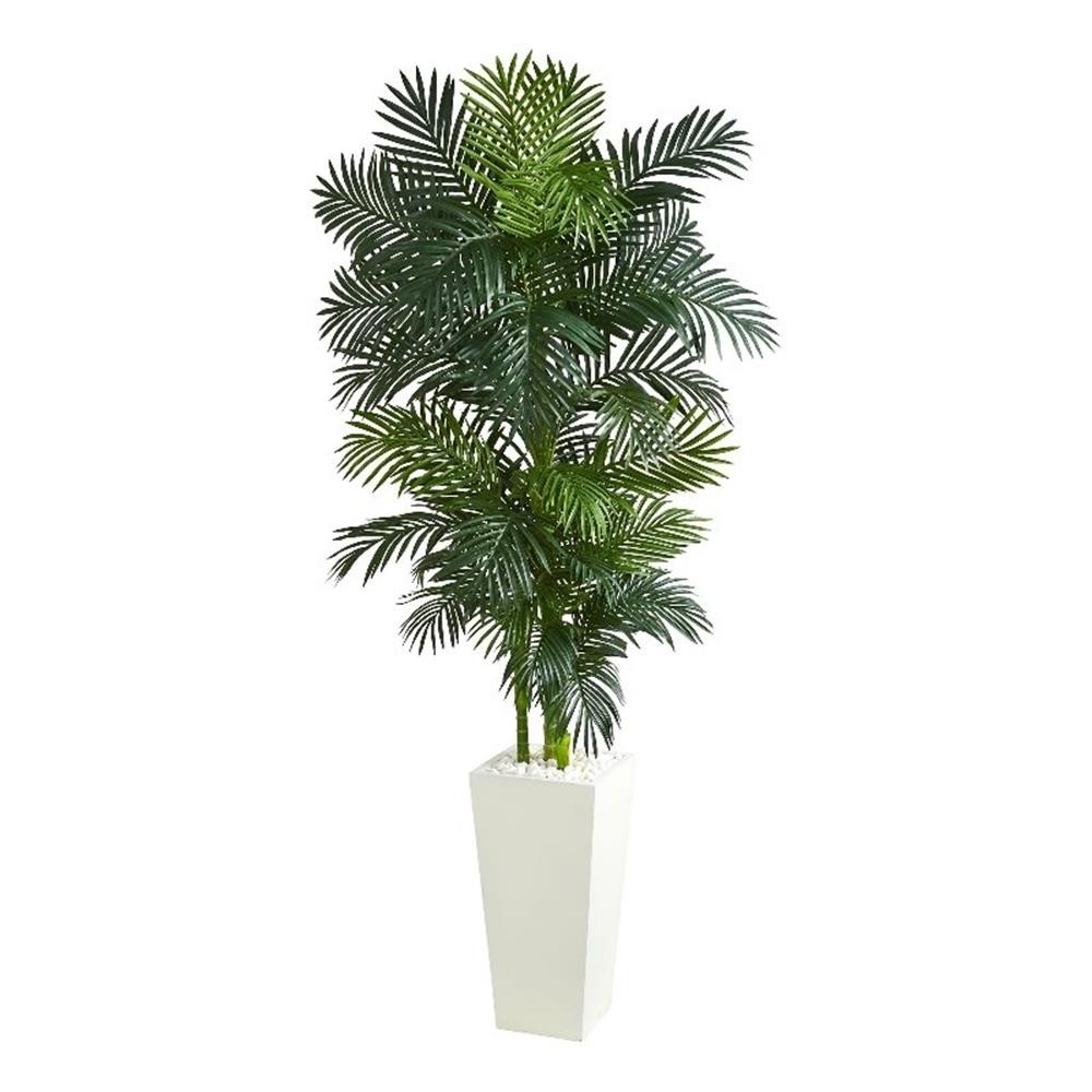 Nearly Natural Golden Cane Palm Artificial Tree in White Tower Planter in Green