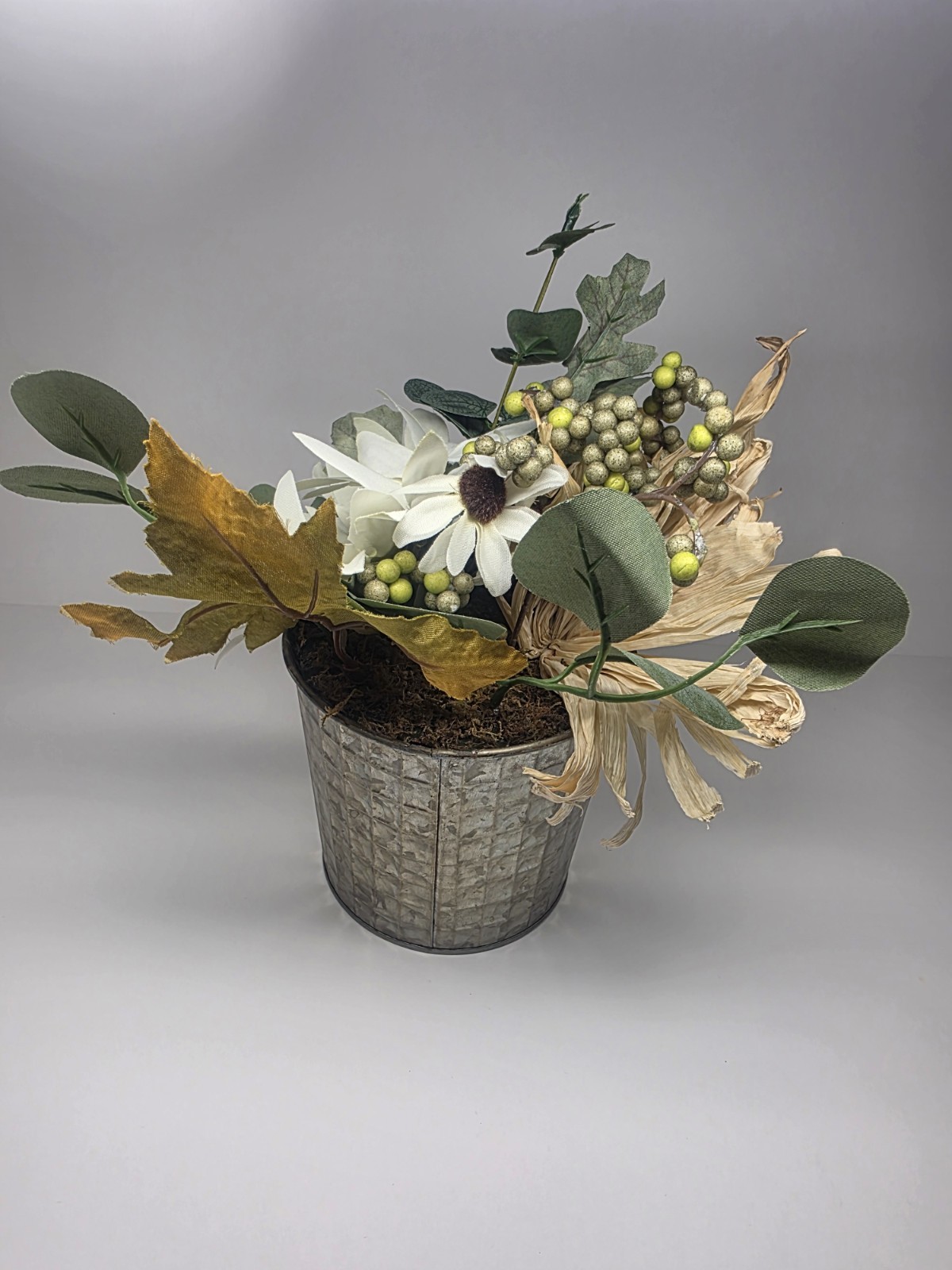 Floral Arrangement in Rustic Metal Milk Can – Fall Home Decor Centerpiece
