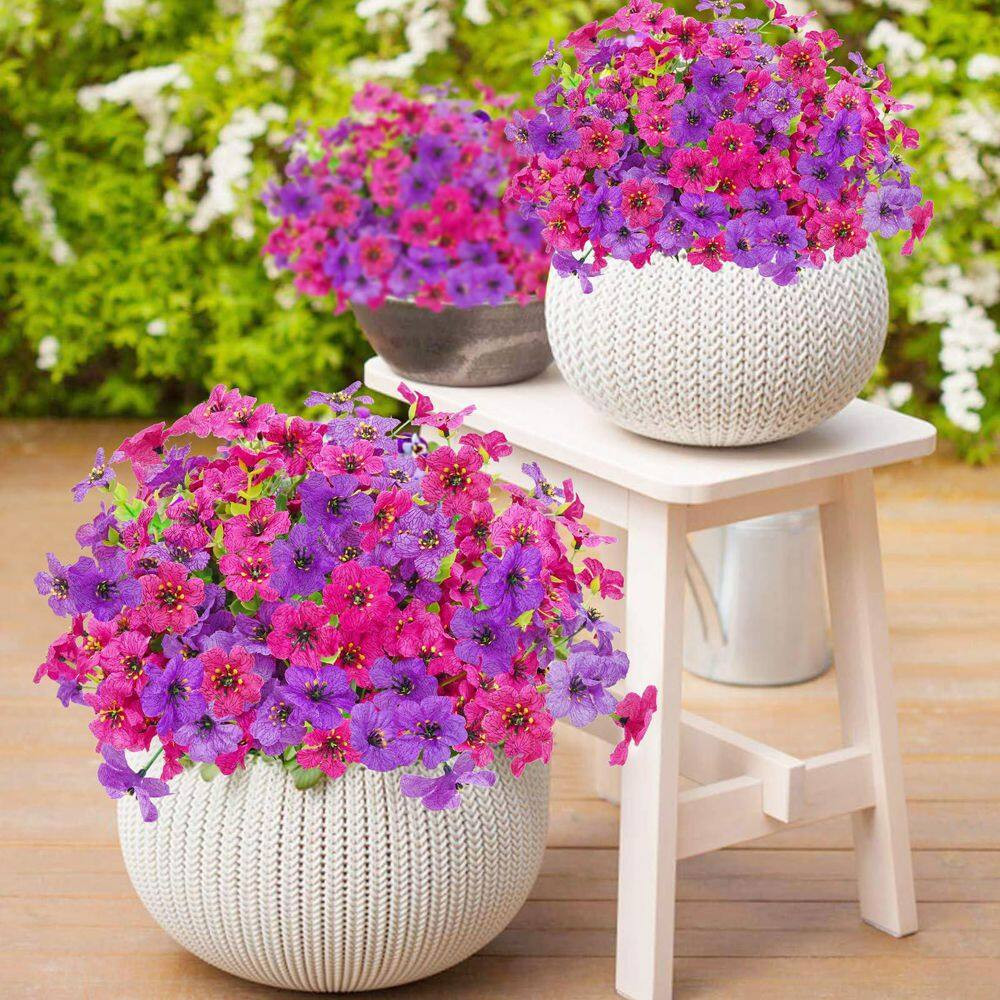 3 In. 12 Bundles UV Resistant Artificial Flowers Fuchsia Rose Red Faux Outdoor P