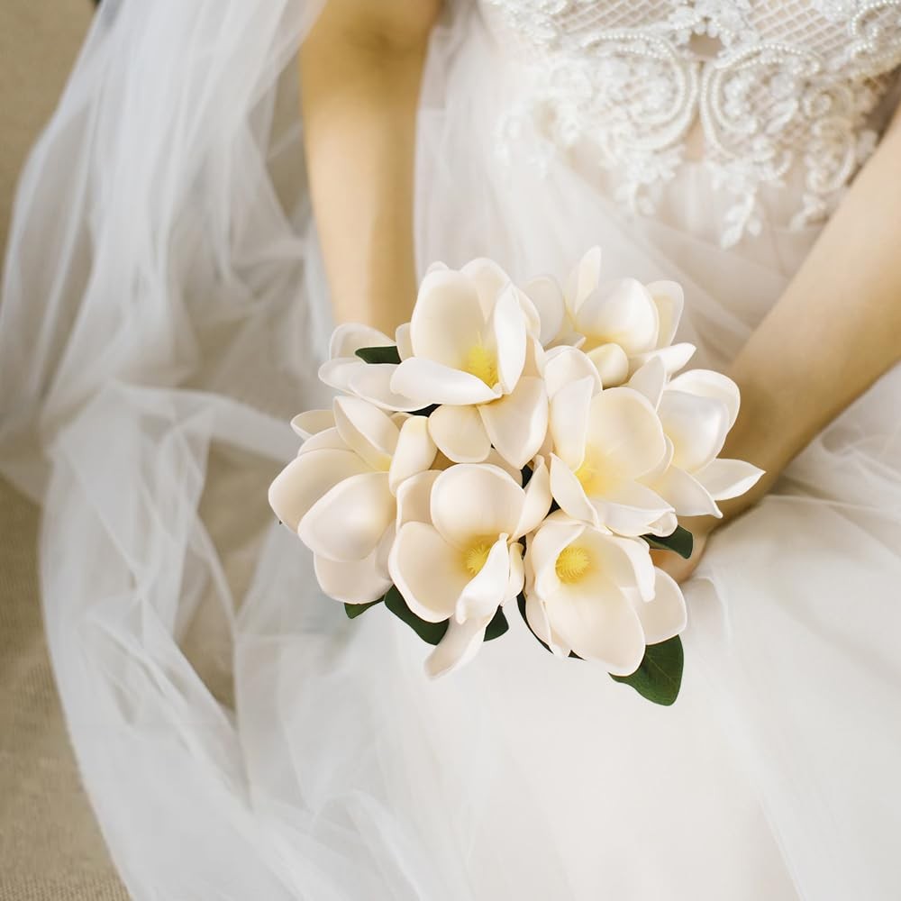 9pcs Artificial Magnolia Flower Branches 13 Inch White for Home Decor Indoor