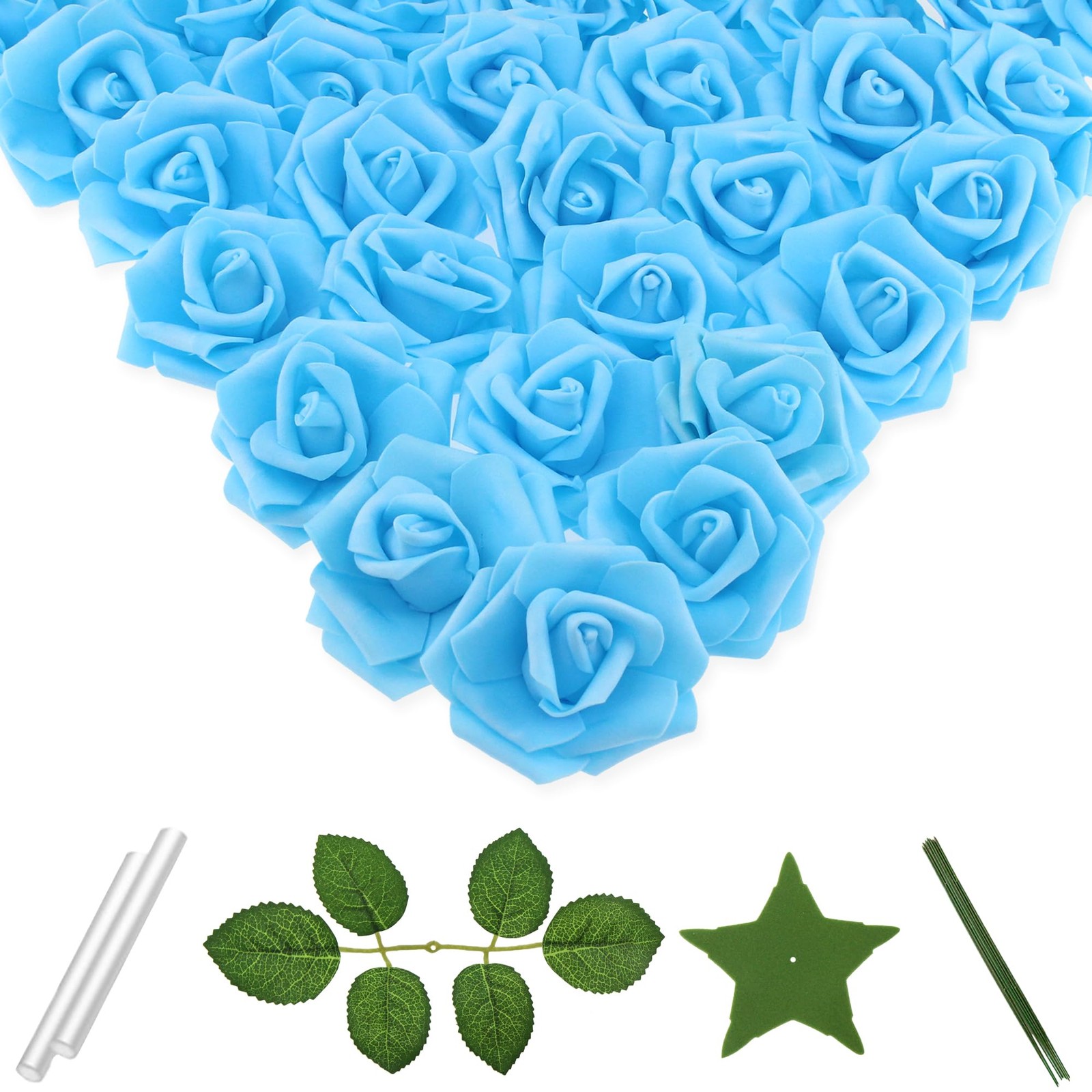Sky Blue Artificial Foam Fake Rose Head Flower 3 Inch 100 PCS