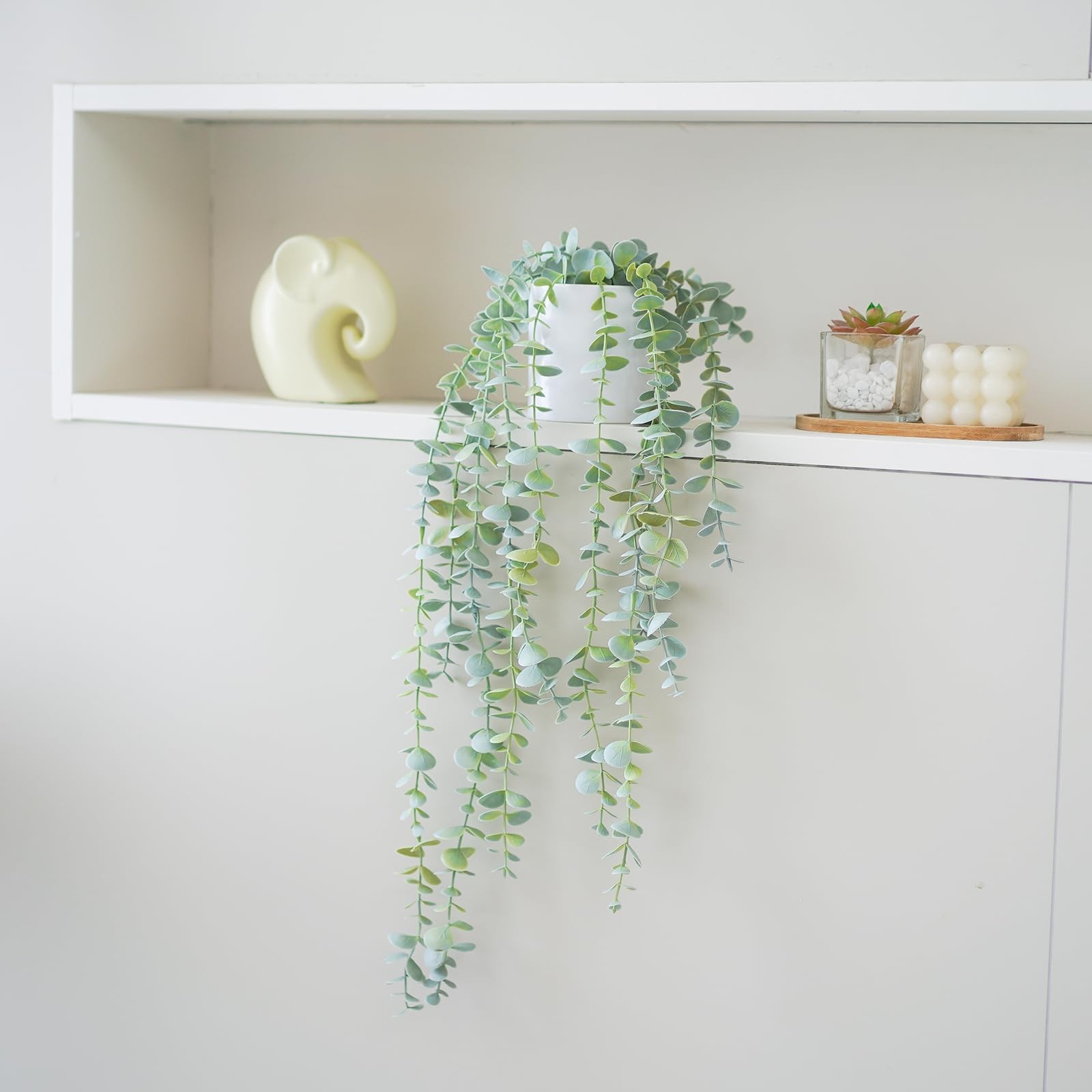Medium Decorative Hanging Plant Faux Ivy Eucalyptus Vine Greenery White Pot