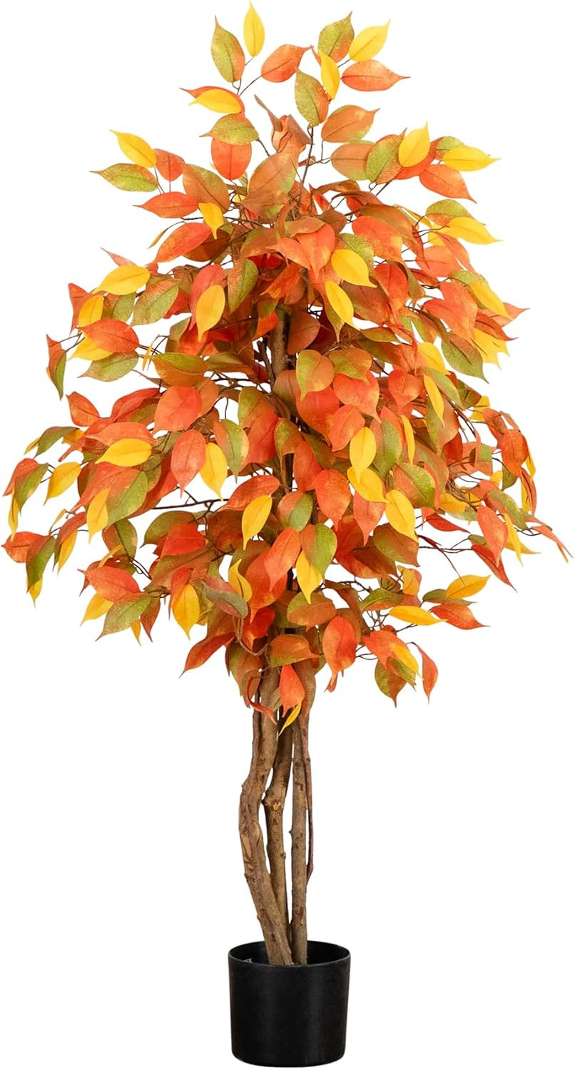 3 Ft Artificial Autumn Ficus Fall Tree with Nursery Planter | Lush Canopy, Slend