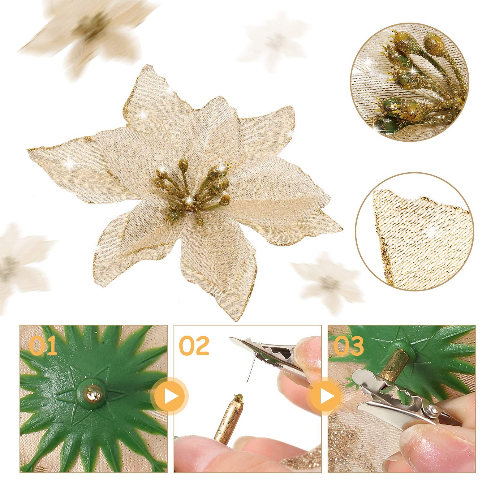 48 PCS 4 Size Christmas Glitter Poinsettia Artificial Flowers Gold Ornaments