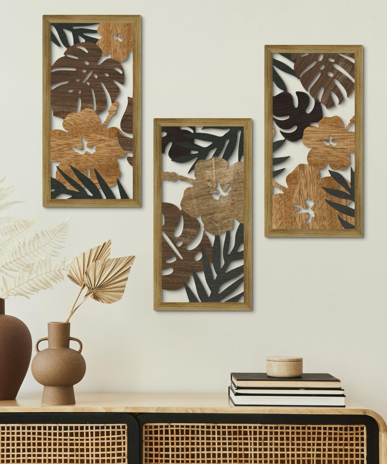 Putuo Decor Tropical Floral Wall Art, Set of 3 Plant 16.53×8.66, Auburn