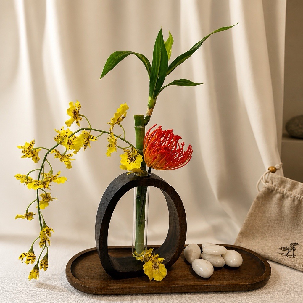 Silk Floral arrangement centerpiece, orchids, Bamboo Wood, Stones Asian Modern