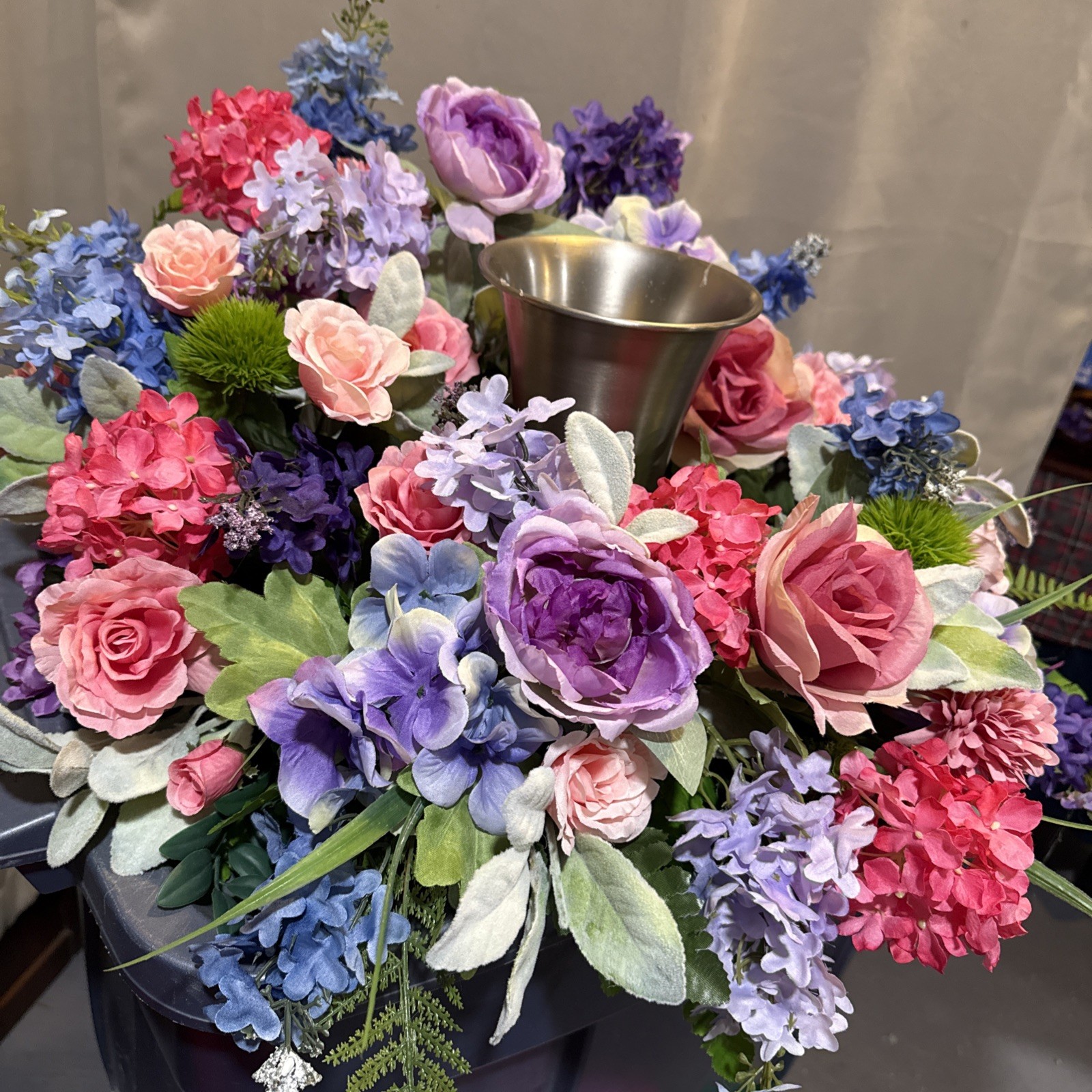 Floral Urn Ring Arrangement For Memorial Service 24” Round flowers Pinks, Blues