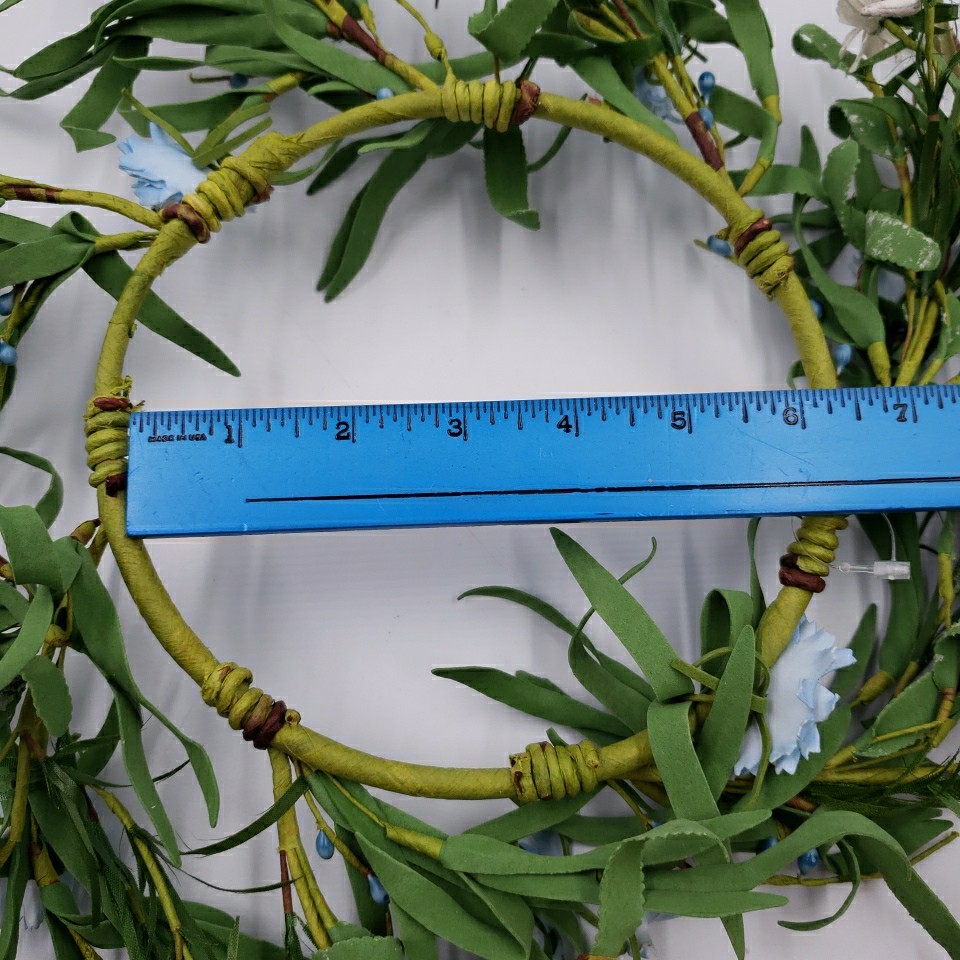 Primitive Floral Candle Ring Wreath Blue Flower Pips Cottage Spring Summer 6″ id