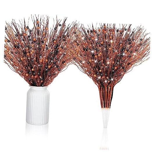 16 Pack Artificial Glitter Berry Stem, 17 Inches Fall and Black, Orange
