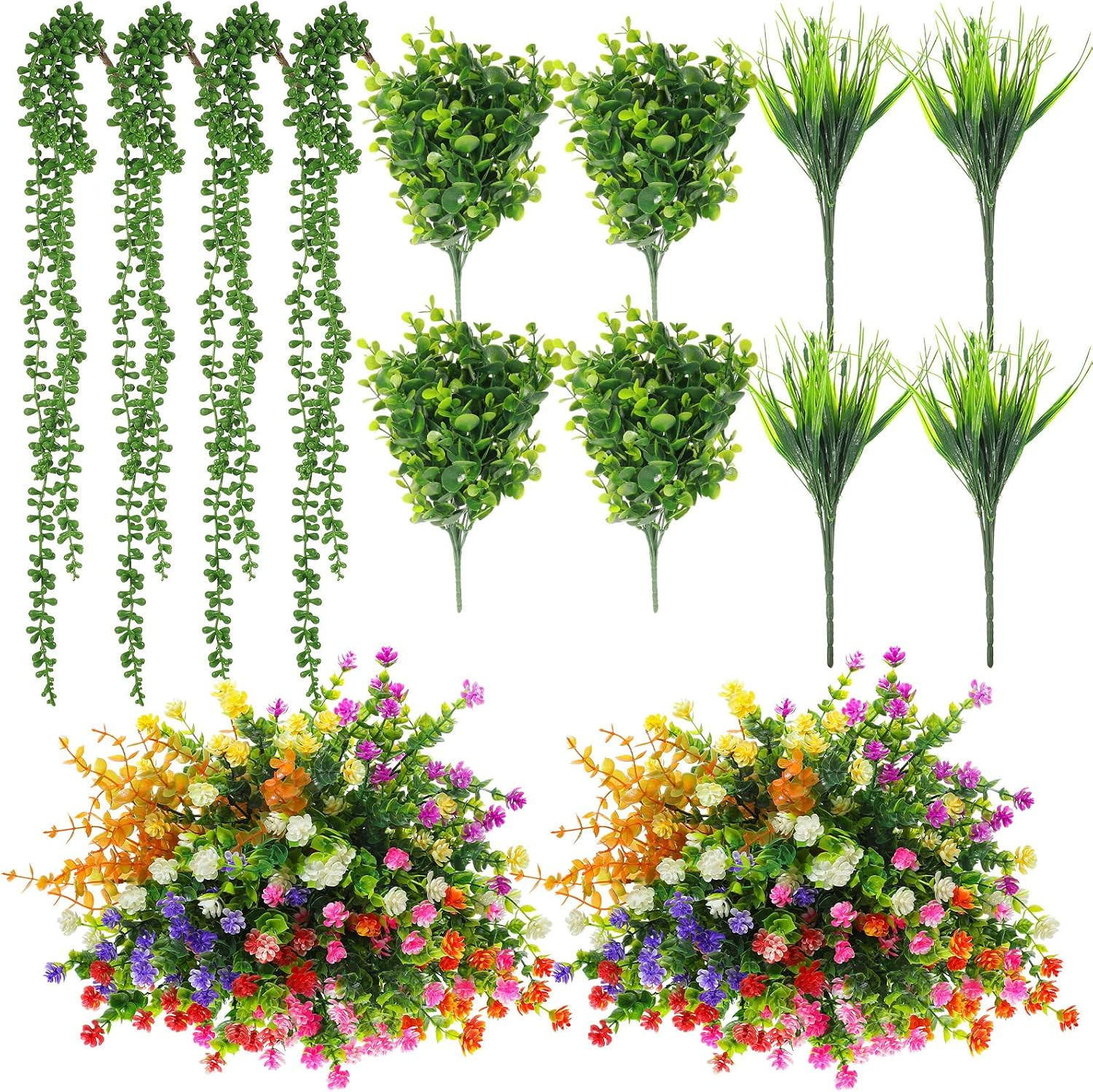 32 Pcs UV Resistant Fake Plants & Flowers for Outdoor Home Decor, 12 Colors
