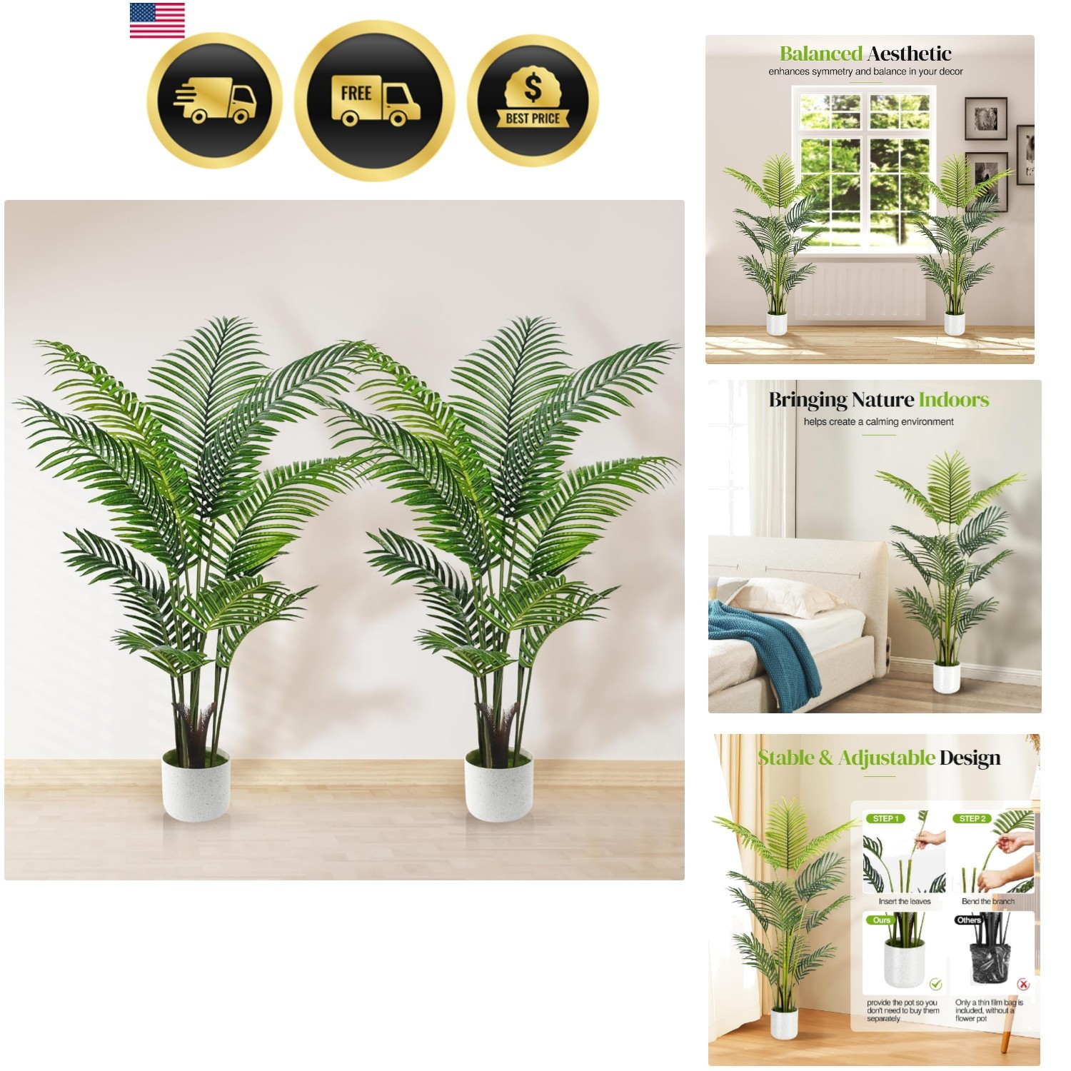 Customizable 4FT Artificial Palm Plants with Tall White Pots – Easy Assembly