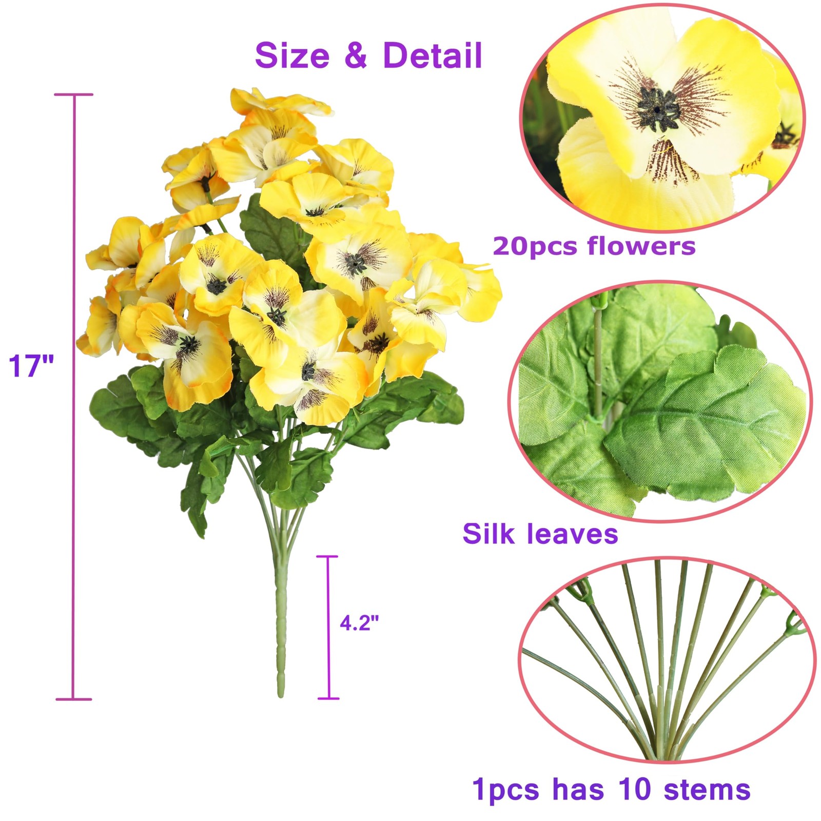 17 Inch Artificial Pansy Flowers Home Office Wedding Decor Yellow Bouquet