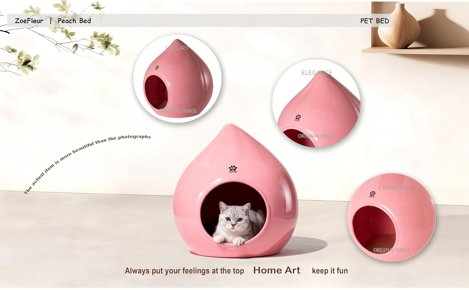 Chic Peach-Shaped Eco-Resin Pet Bed – Space-Saving Pink Decor