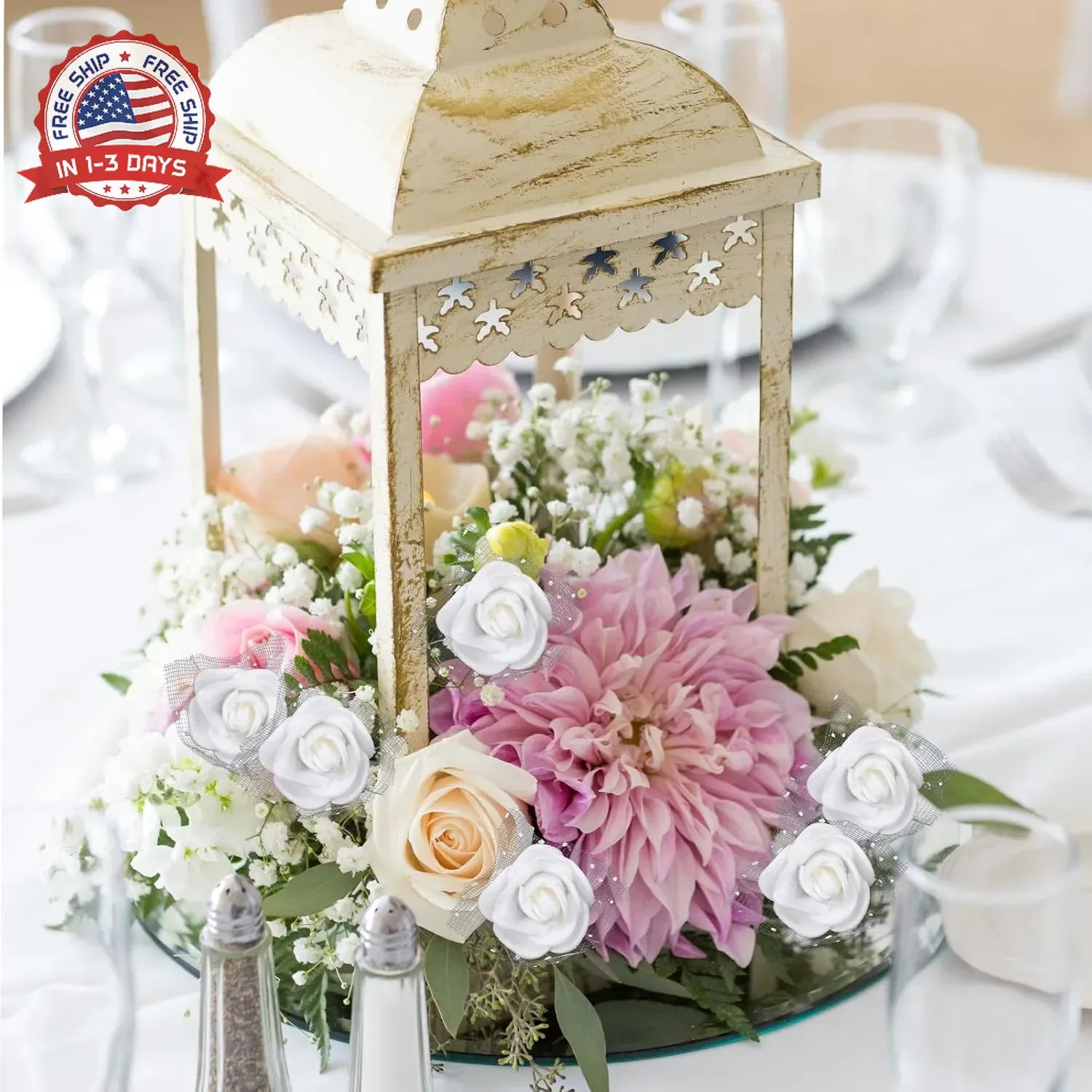 Yolev 144Pcs Mini Artificial Rose Flower Heads and Soft Stem Small White Flowers