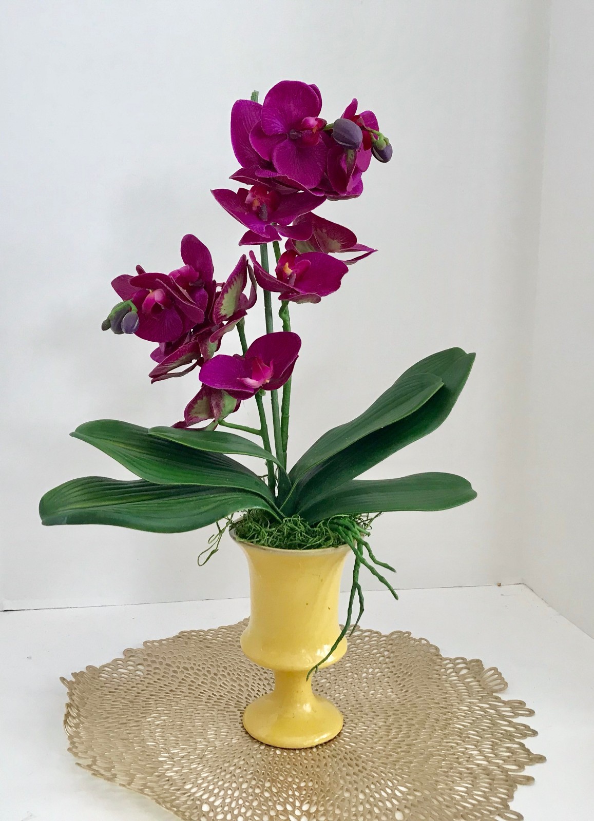 Silk Floral Arrangement with White Purple Silk Orchids, in a Yellow Art Deco Vas