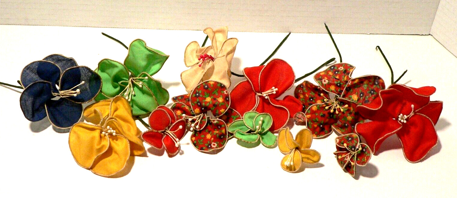 12 Vintage Handmade Fabric Flowers in MCM Colors.