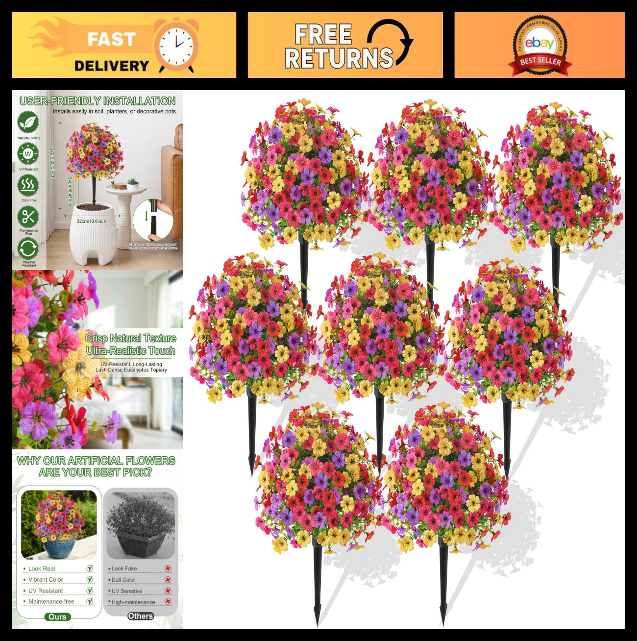 8Pcs 20″ UV Resistant Artificial Topiary Ball Flowers – Indoor/Outdoor Spring De