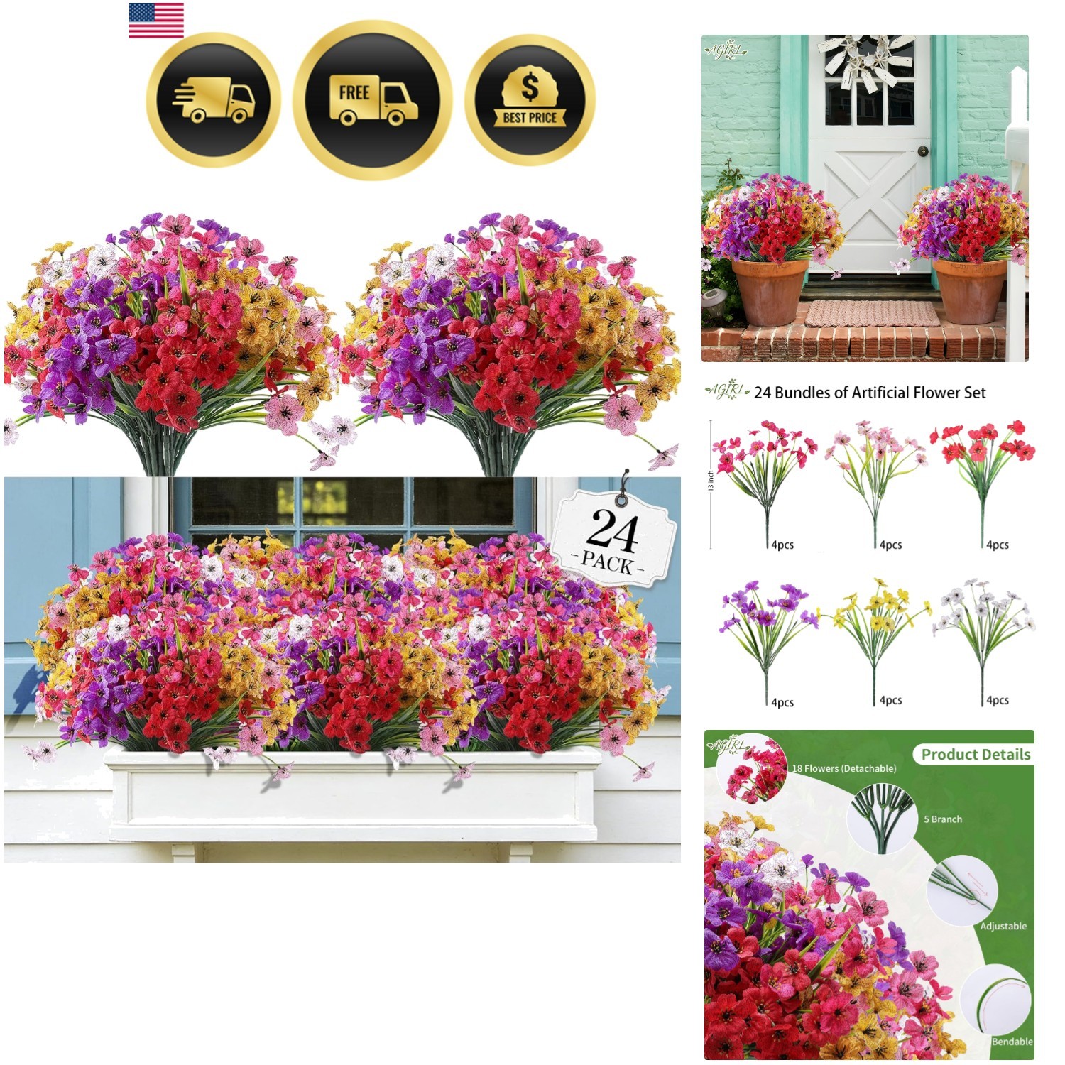24 Bundles Artificial Flowers for Outdoor,Fake Flowers No Fade Plastic Faux P…