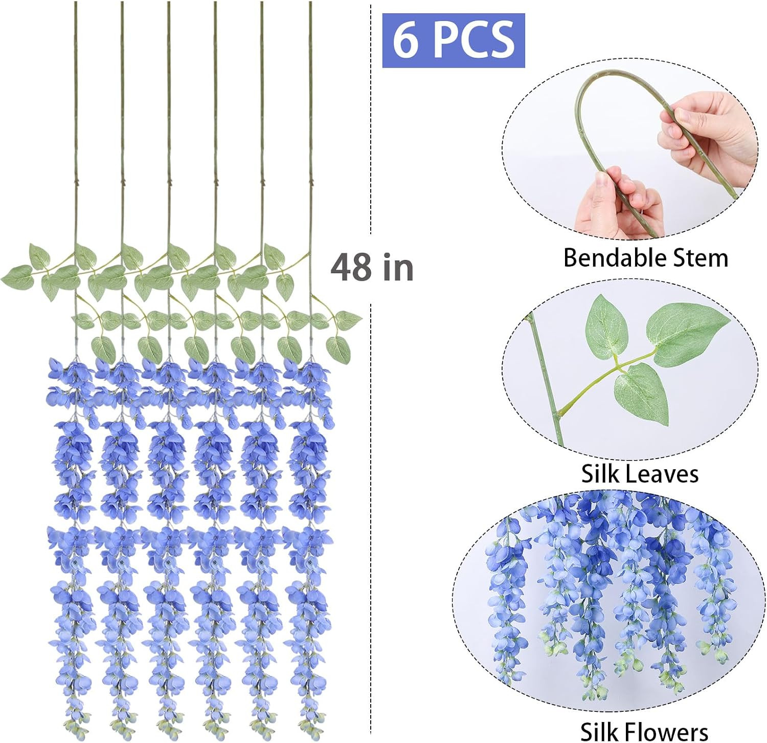 Royal Blue Wisteria Silk Flowers Garland – 6Pcs 48″ Hanging Decor
