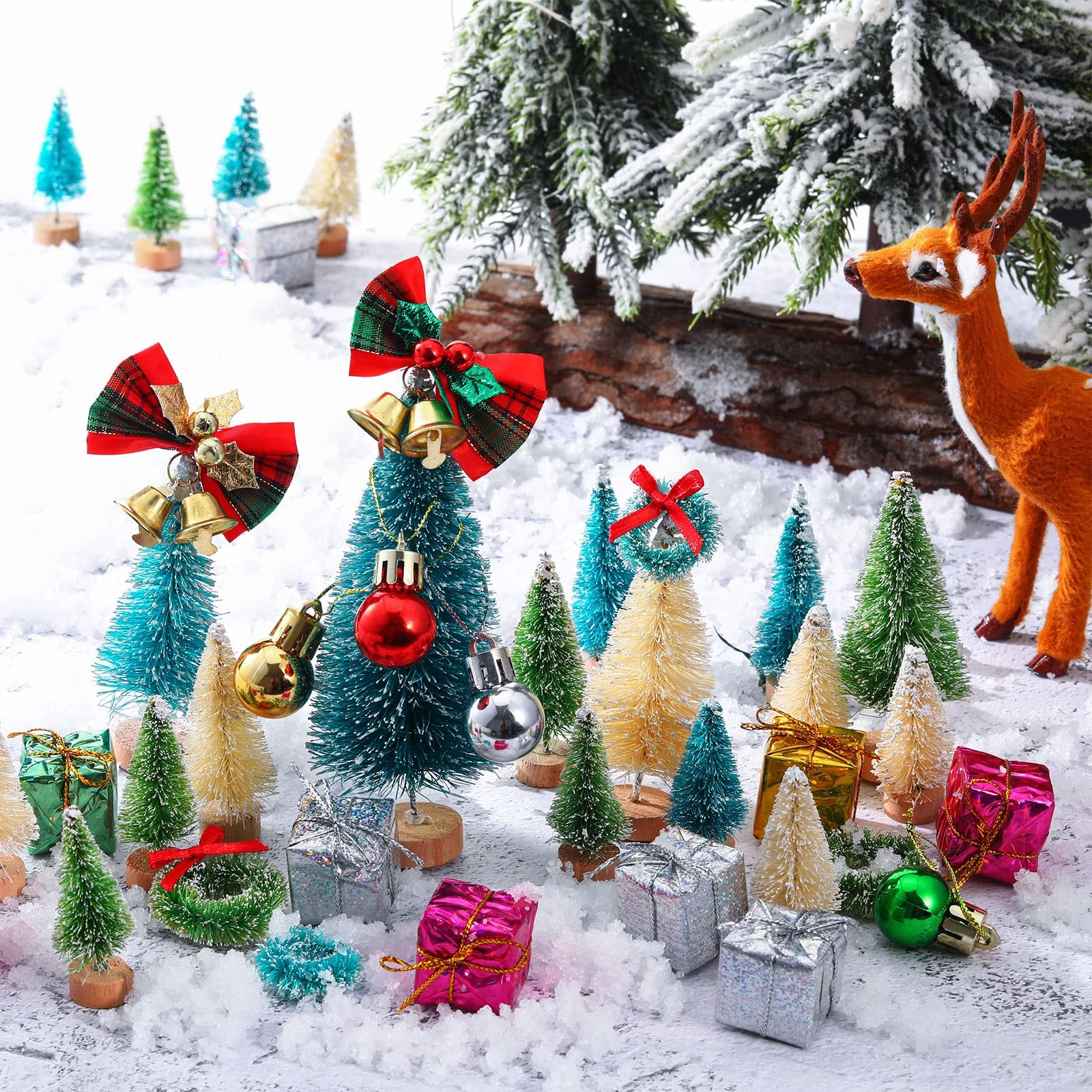 67 PCS Miniature Christmas Trees Set Artificial Wood Base Mini Sisal Frosted
