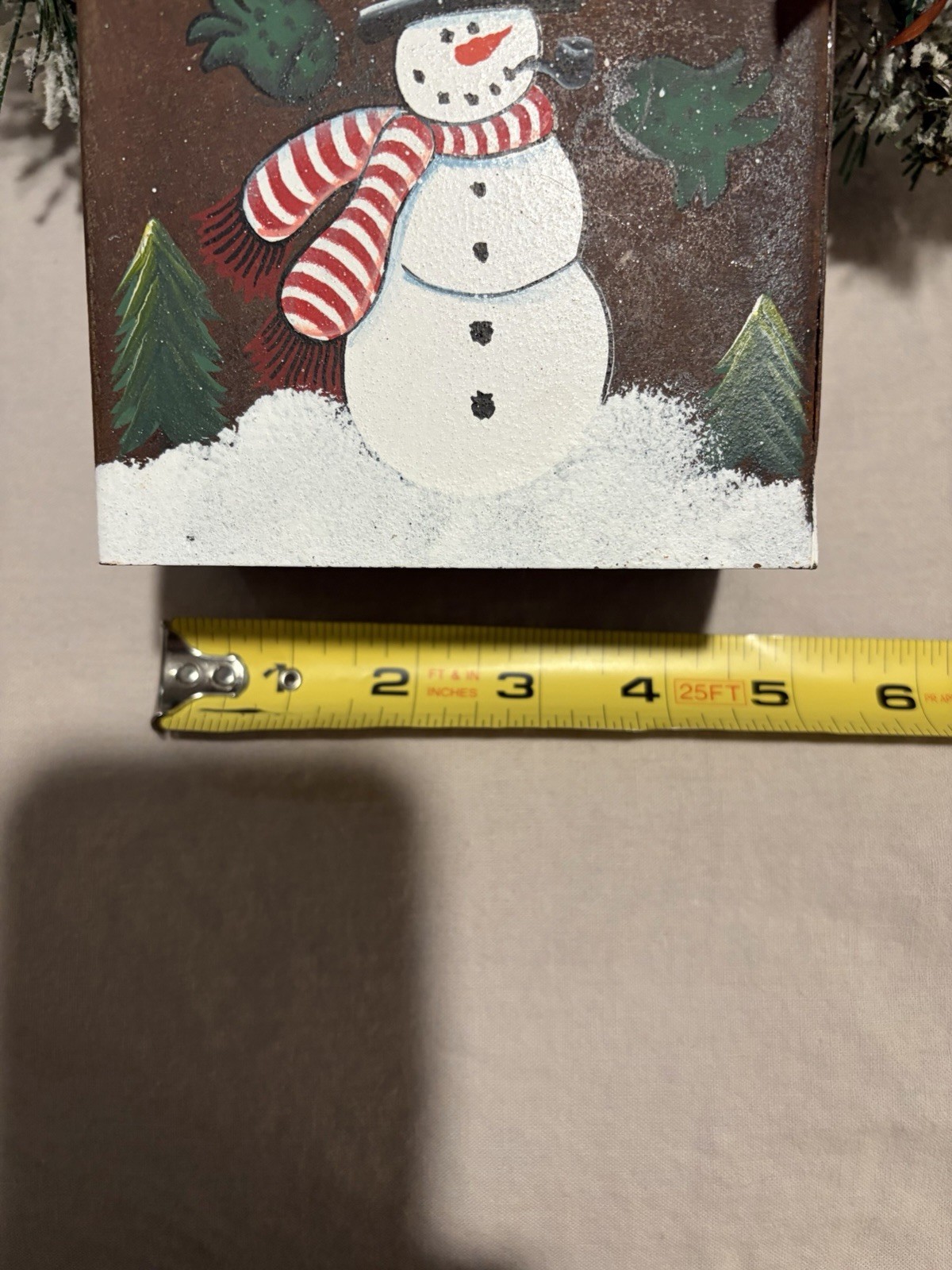 Painted Snowman Tin Bucket w Artificial Pine Table/Wall Arrangement ~Christmas