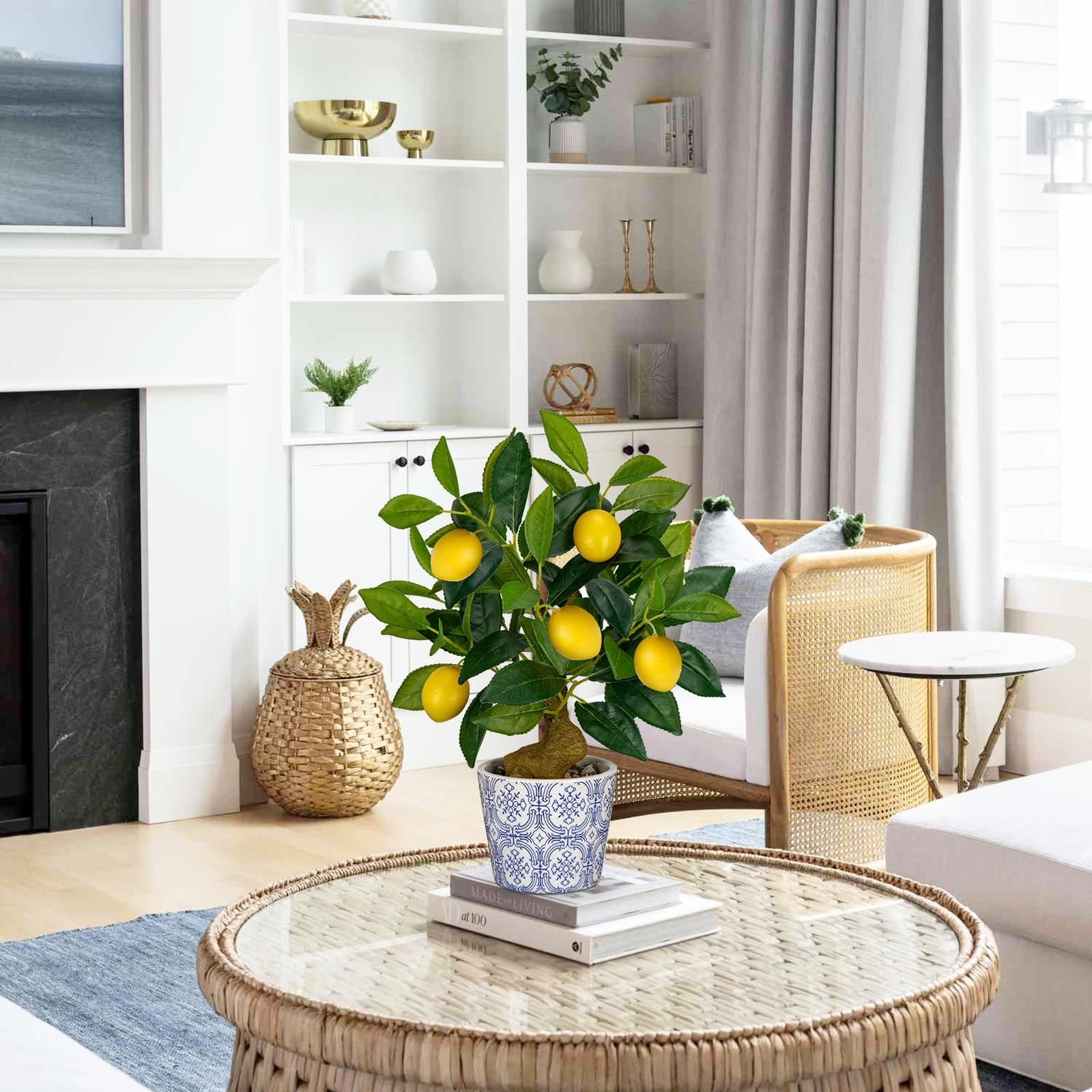 15.7 Inch Artificial Lemon Citrus Tree Fake Potted Plant Blue White Pot