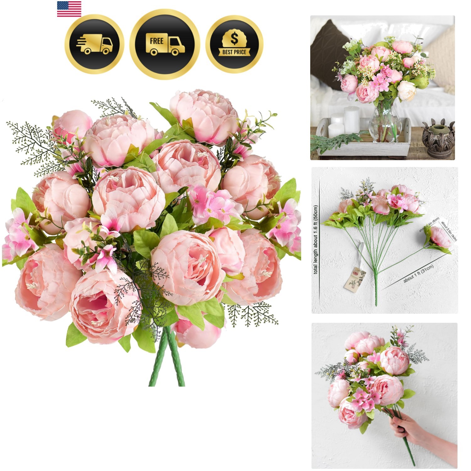 Artificial Peonies Flowers Bouquets for Wedding Decor Floral Centerpieces Cha…