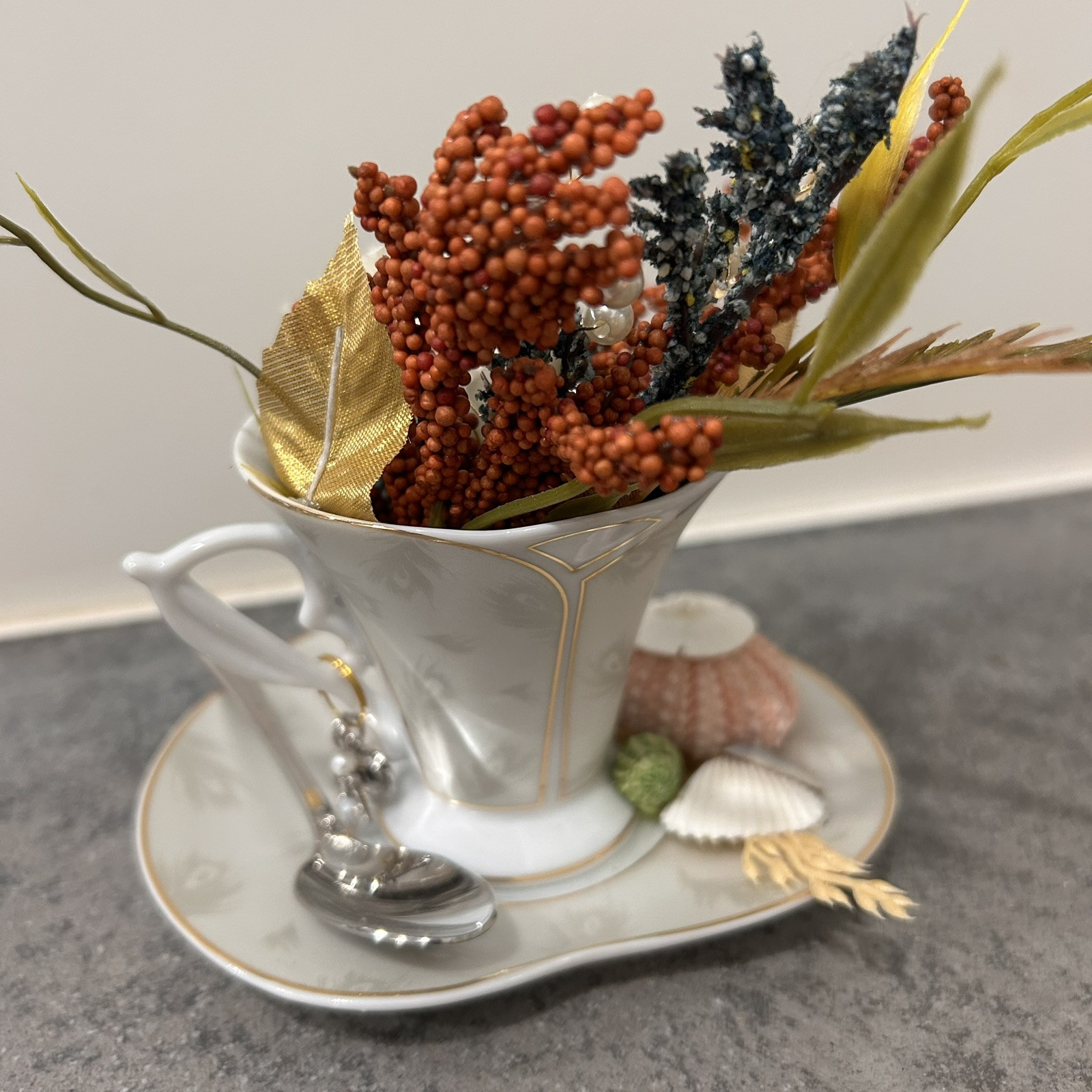 Floral Seashell Assemblage In GMA Fine Porcelain China Tea Cup Saucer Set