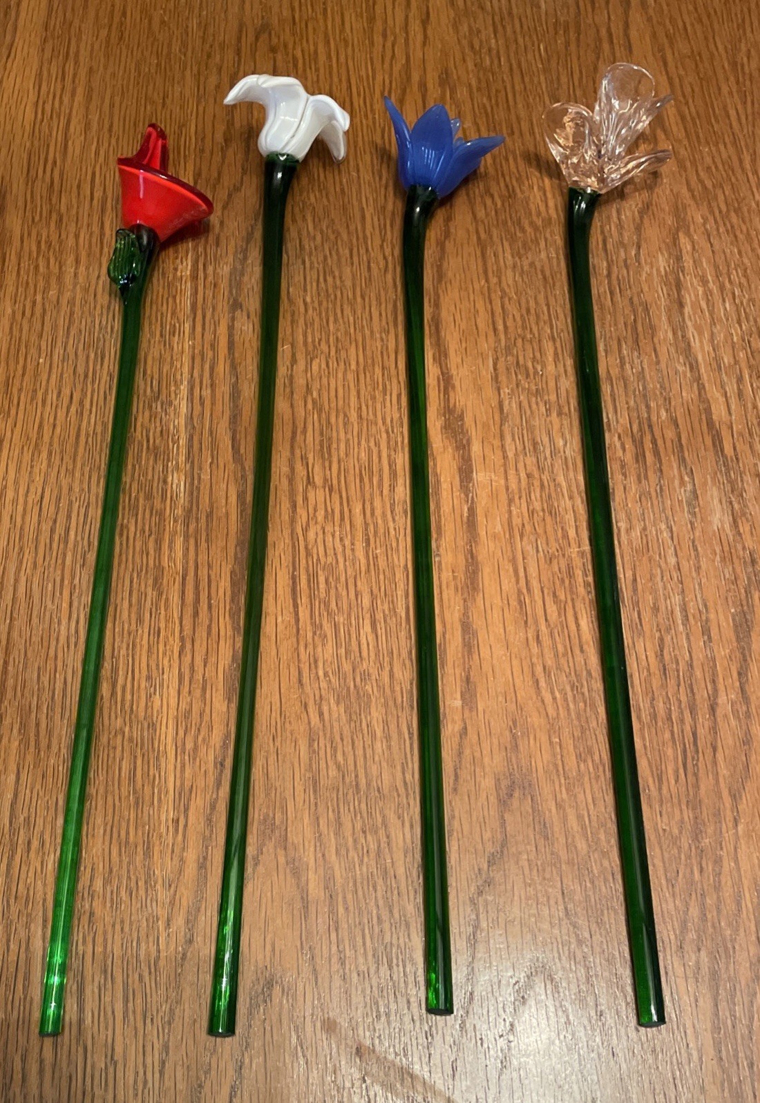 Vtg Murano Style Lot 4 Hand Blown Art Glass Long Stem Flower Bouquet 19″-20″