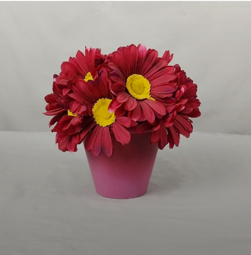Pink Gerber Daisy Potted Artificial Floral Arrangement 7 inch Cottage Garden