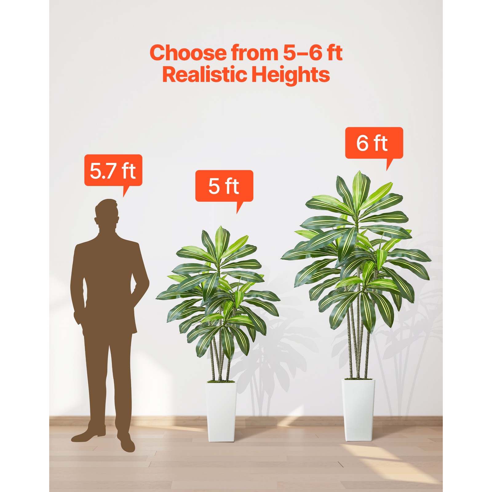 Uimoso 6ft Faux Dracaena Tree with White Pot for Indoor Spaces
