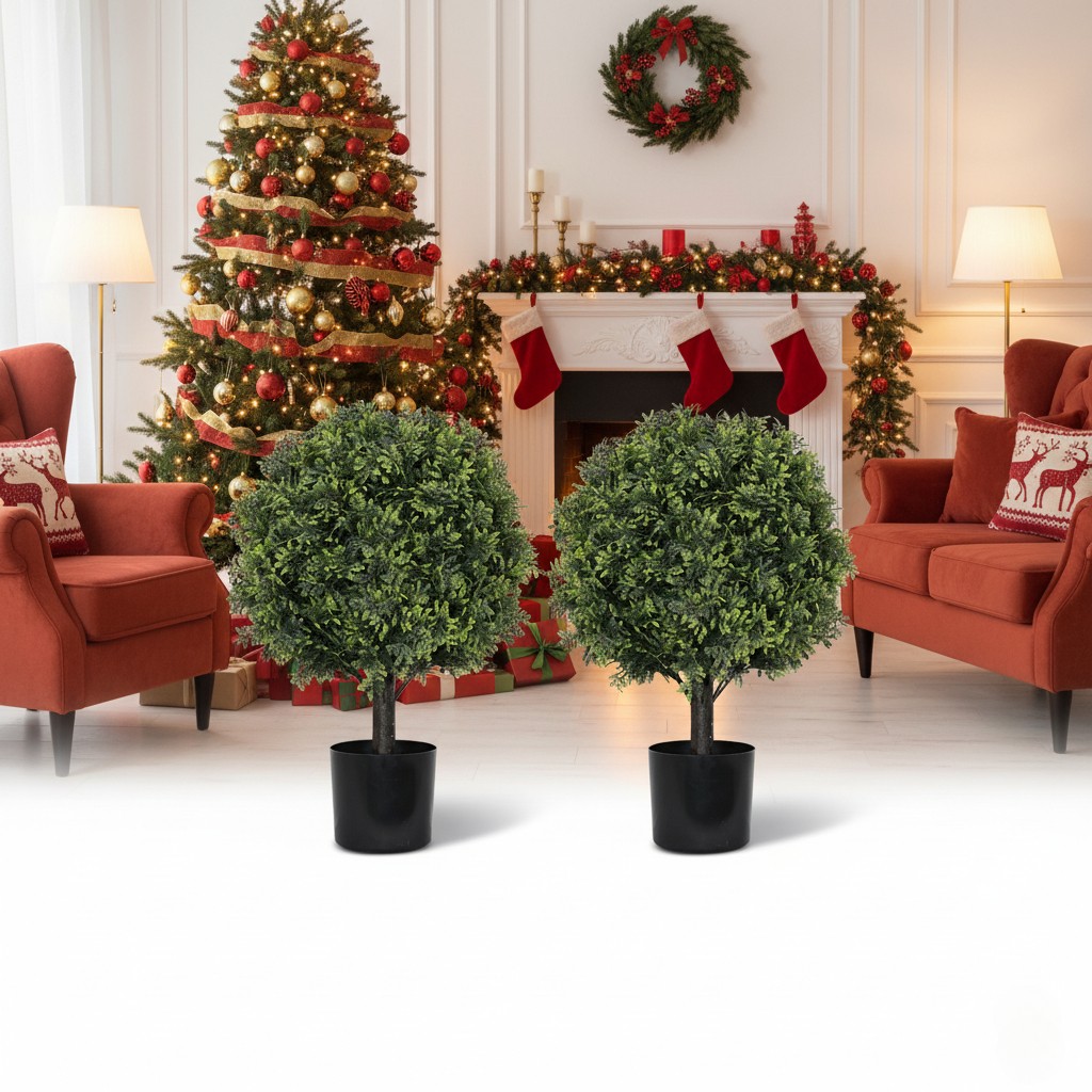 2PCS 22in Artificial Boxwood Topiary Ball Trees, Potted Indoor Outdoor Decor
