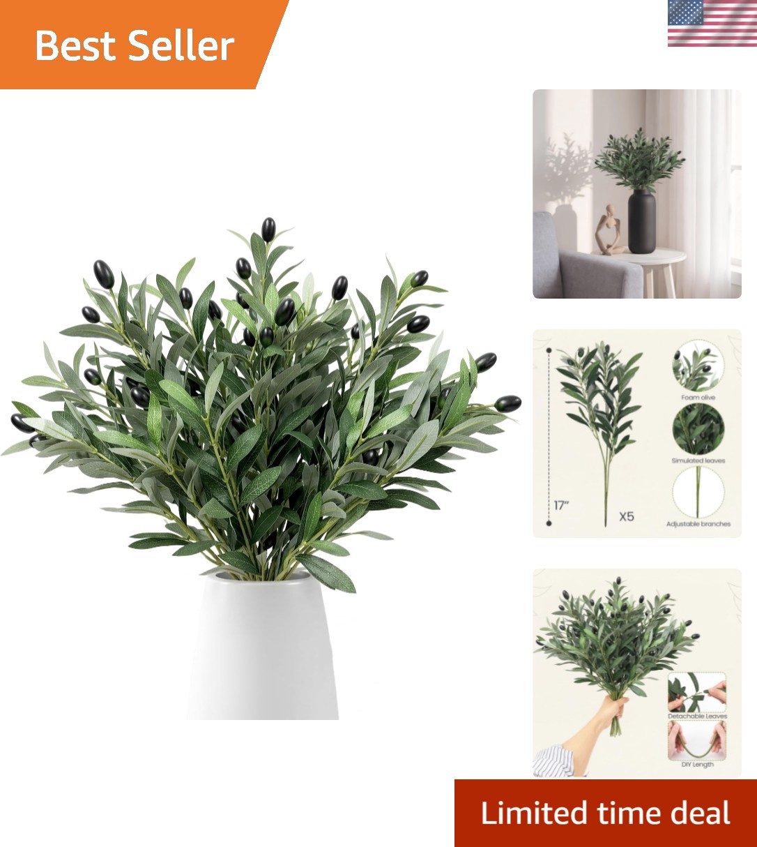 5 Pcs 17 Inch Artificial Olive Branches with Lifelike Olives Fake Greenery Ol…