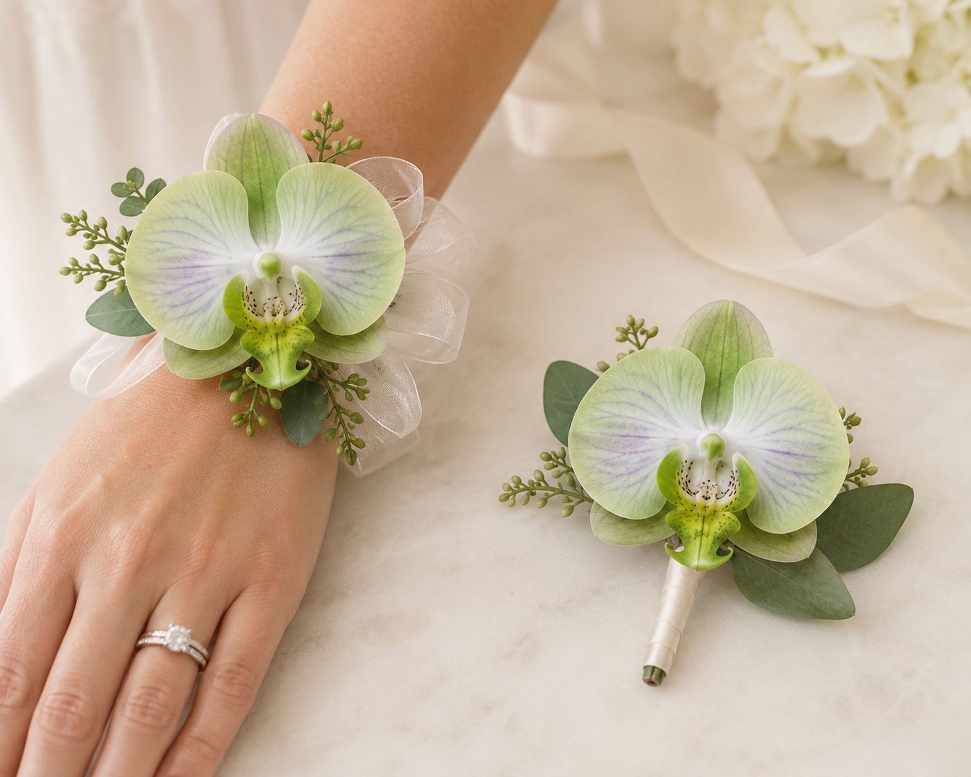 Jade Green Real Touch Orchid Heads Set of 2, 3.5 Inch Phalaenopsis Blooms for Co