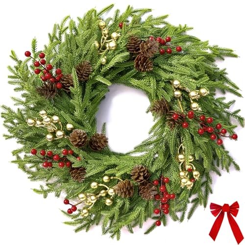 26″ Norfolk Pine Wreath, Large Greenery Wreath for Front Door, Green Year