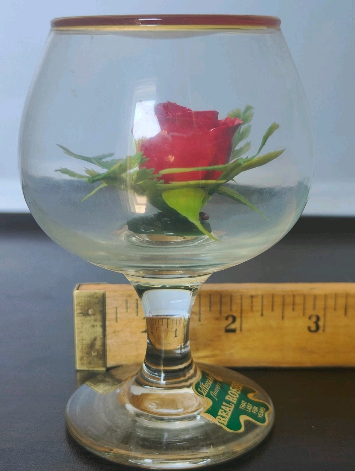 Lifesake Flowers Red Rose Preserved In Wine Glass Decor VTG Cottage Core Romance