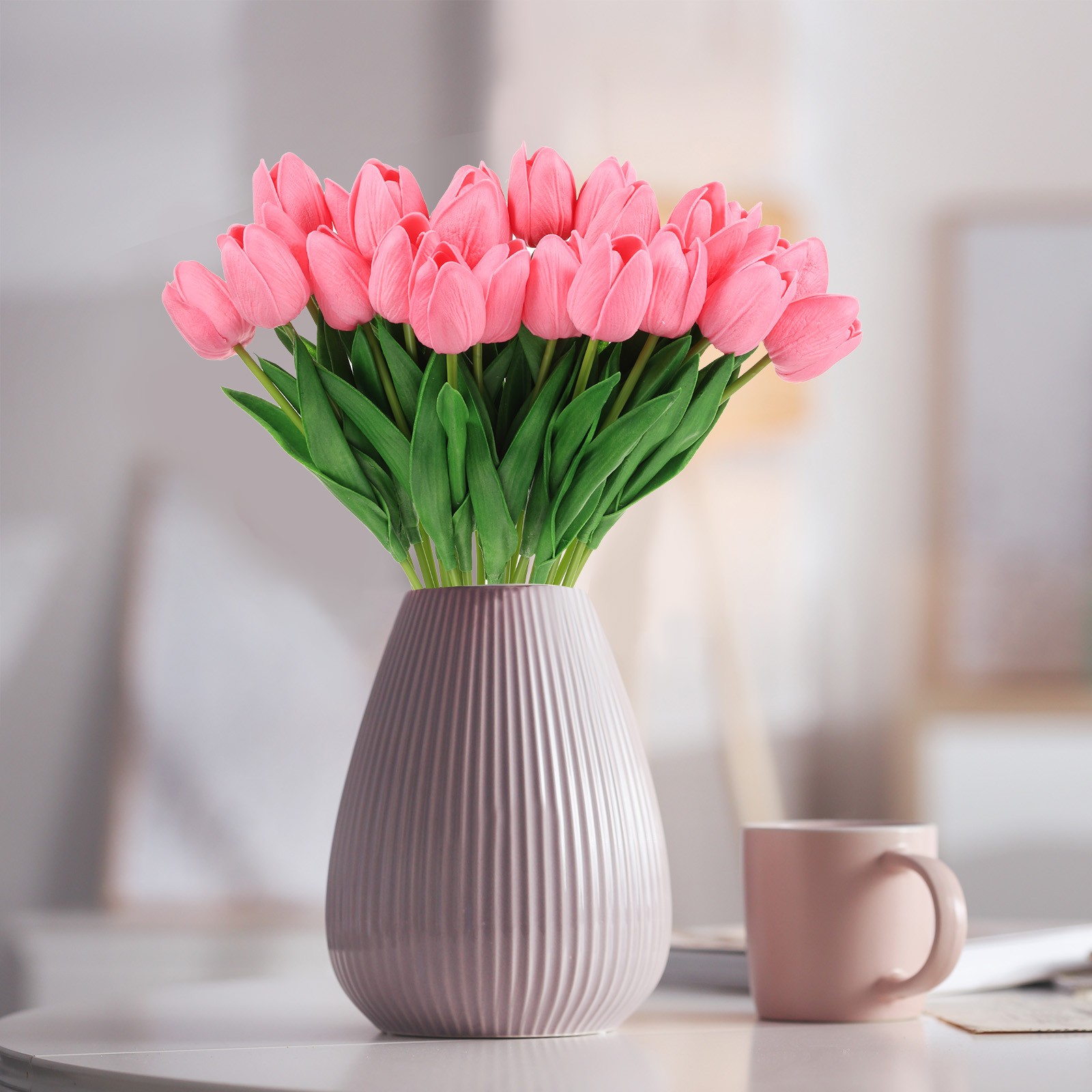 24Pcs Artificial Tulips Pink for Home Decor Wedding Centerpiece