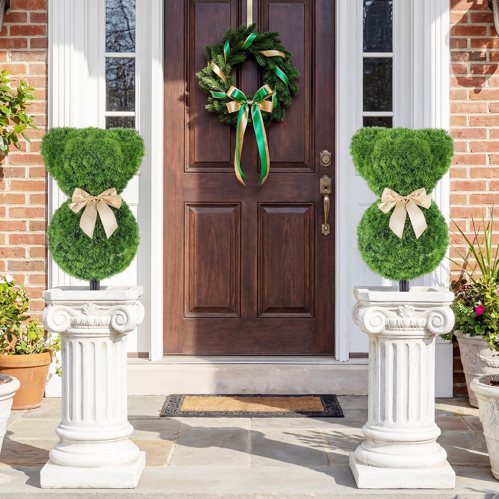 2 Pcs Teddy Bear Topiary Trees, Sun-resistant Faux Boxwood Plants w/ Bowknot