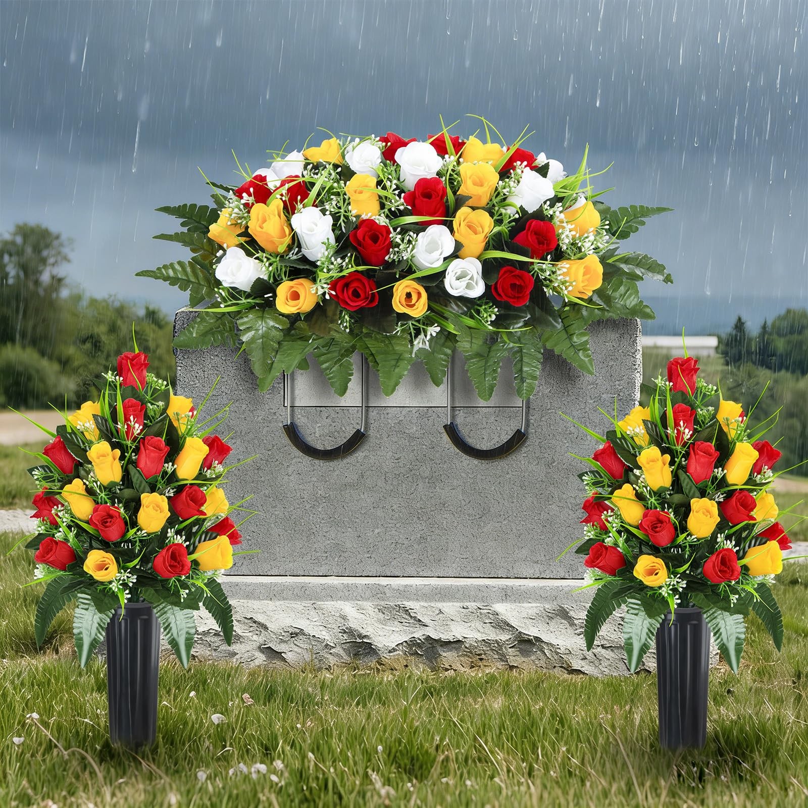 Artificial Cemetery Flowers Saddle, 2 Sets Grave Flowers Rose with Vase, Memo…