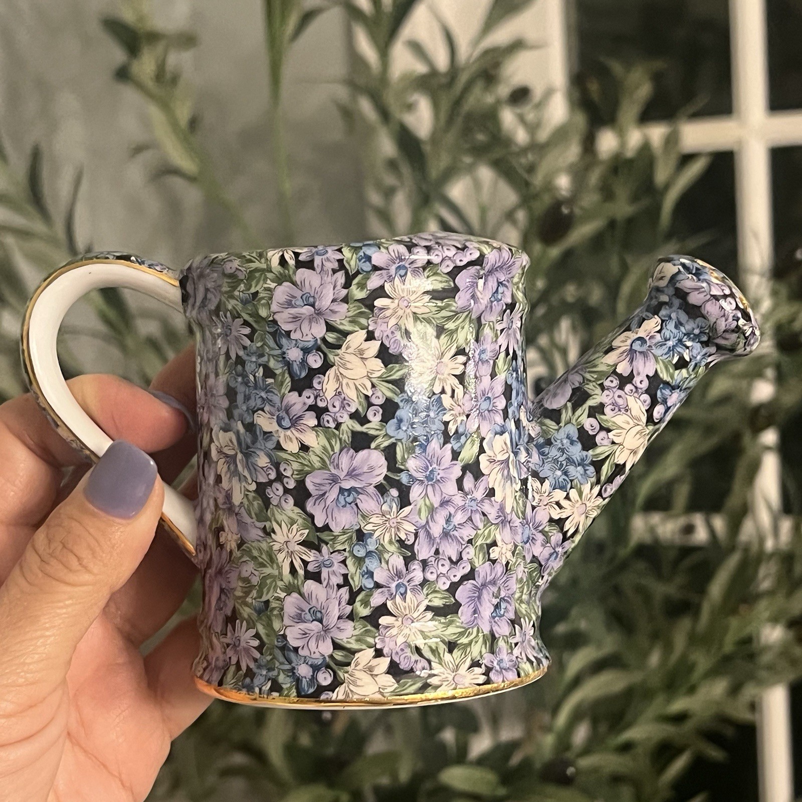 Porcelain Watering Can Two’s Company Mollie Blue Purple Chintz Floral Gold 4”