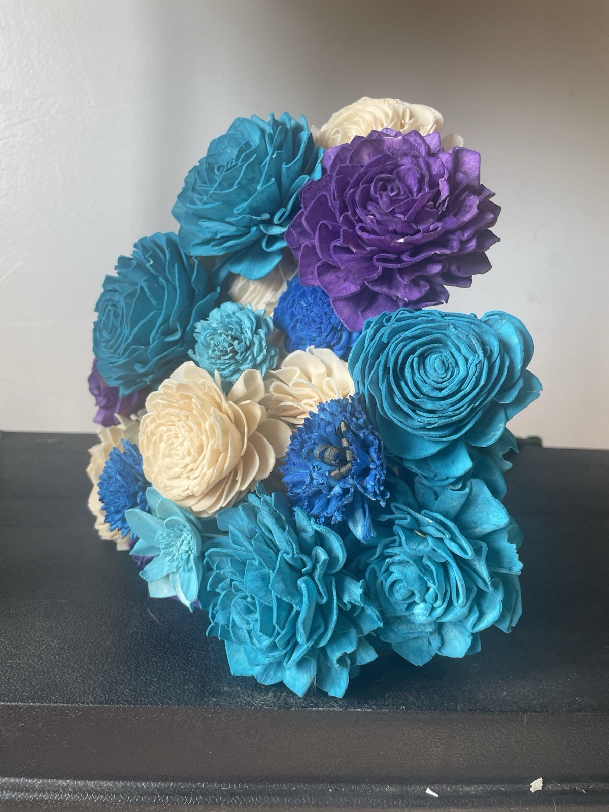Handmade Wooden Flower Bouquet – Teal Purple Ivory