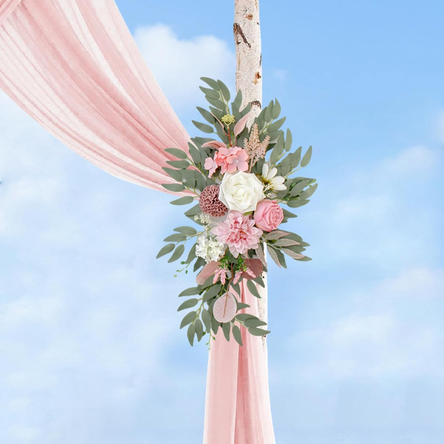 Elegant Wedding Arch with Pink Chiffon, Roses & Eucalyptus Decor
